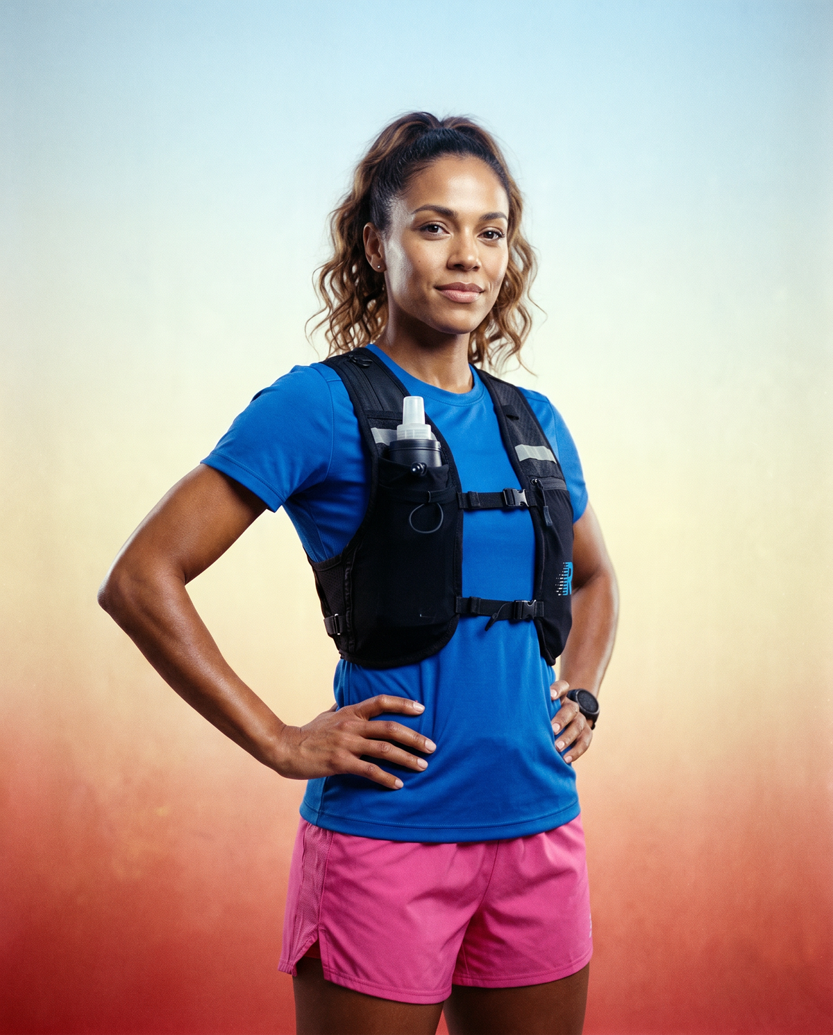 Person wearing a blue shirt and pink shorts with a black hydration vest on a gradient background