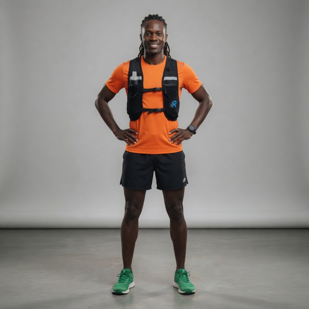 Man wearing an orange shirt, black shorts, and green shoes with a gray background Run With Freedom Challenger Hydration Running Vest Gym Lifestyle Photoshoot