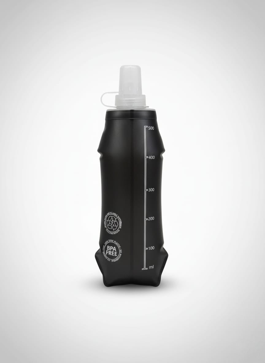 Black collapsible water bottle with measurement markings on a white background from run with freedom