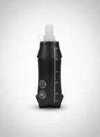 Black collapsible water bottle with measurement markings on a white background from run with freedom