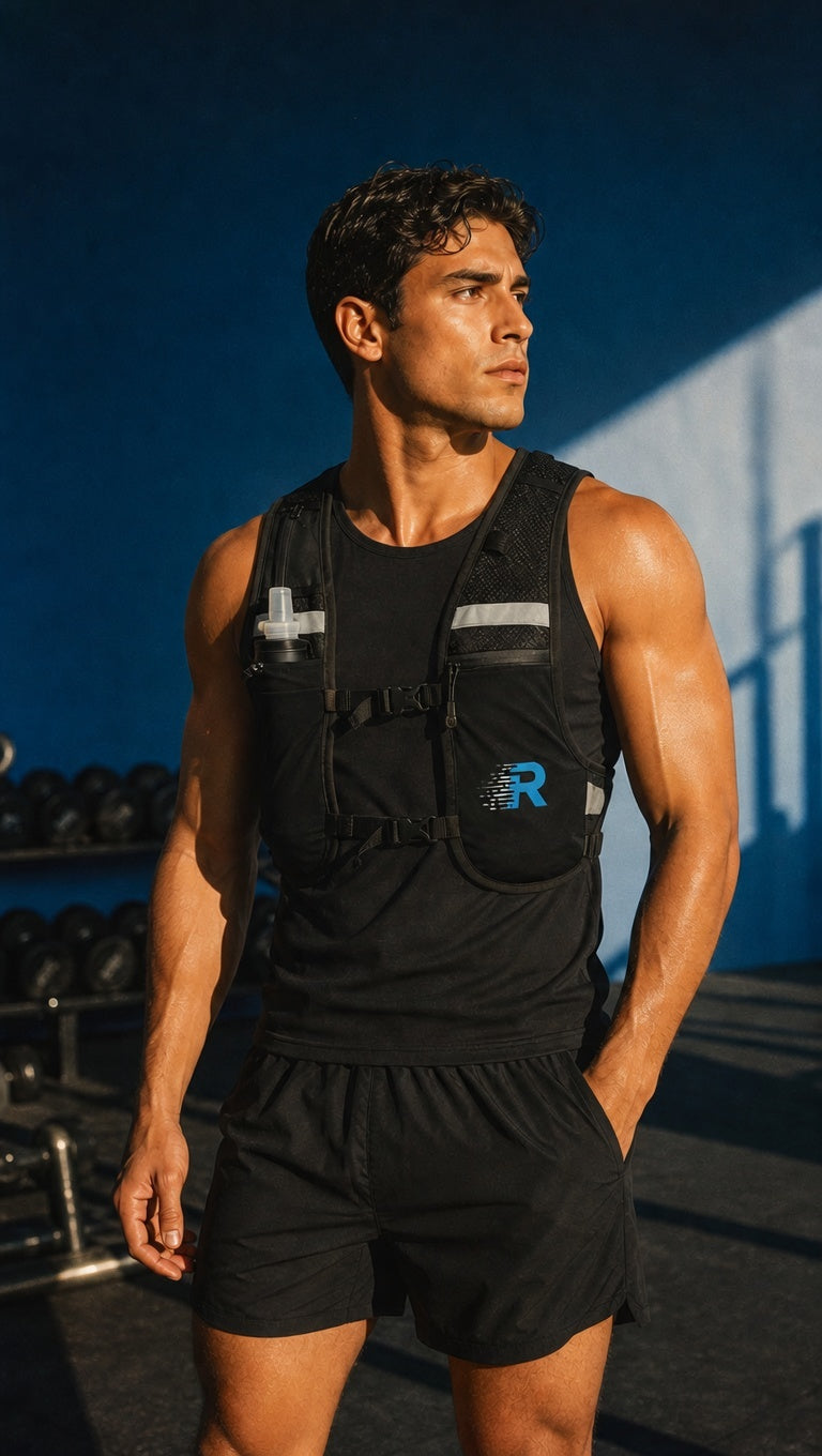 Man wearing a black vest with a logo in a gym setting Run With Freedom Challenger Hydration Running Vest Gym Lifestyle Photoshoot