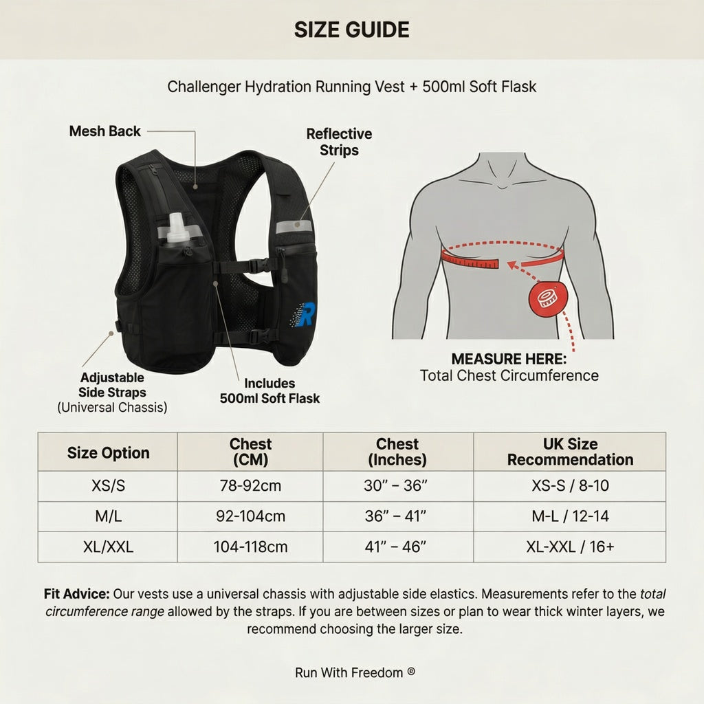 Size guide for Challenger Hydration Running Vest with soft flask, showing vest and person wearing it, and measurement chart.