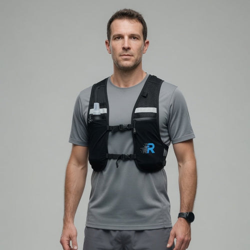 Man wearing a black fitness vest on a gray background