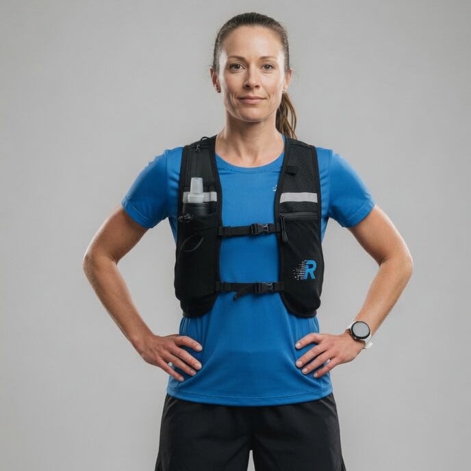 Person wearing a blue shirt and black shorts with a black vest on a gray background