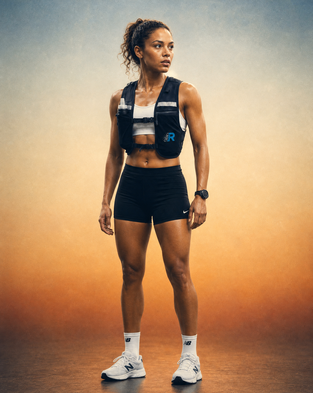 Athlete in athletic wear standing against a gradient background wearing a Run With Freedom Challenger Hydration Running Vest Studio Shot Colourful Background