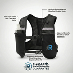 Run With Freedom® Challenger Hydration Running Vest. Black running vest with features highlighted on a white background