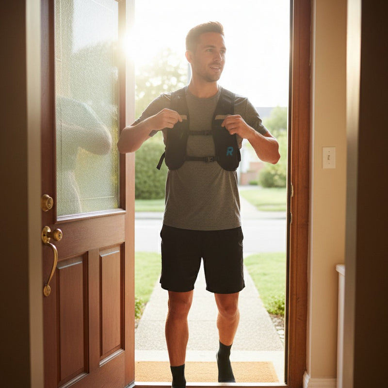 Man with a Run With Freedom challenger hydration running vest on stepping out of a door onto a sunny day