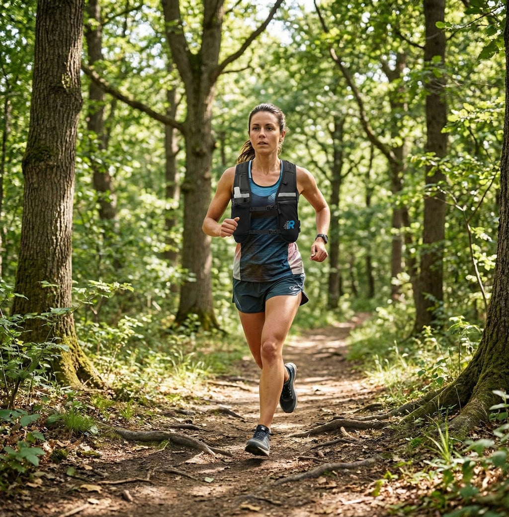 Woman running on a forest path with greenery around wearing a run with freedom challenger hydration running vest
