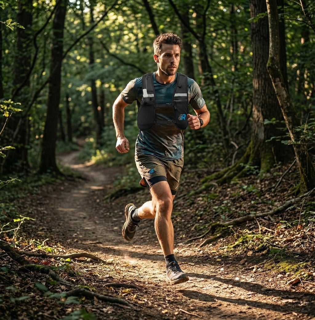 Man running on a forest trail with greenery around wearing a run with freedom challenger hydration running vest