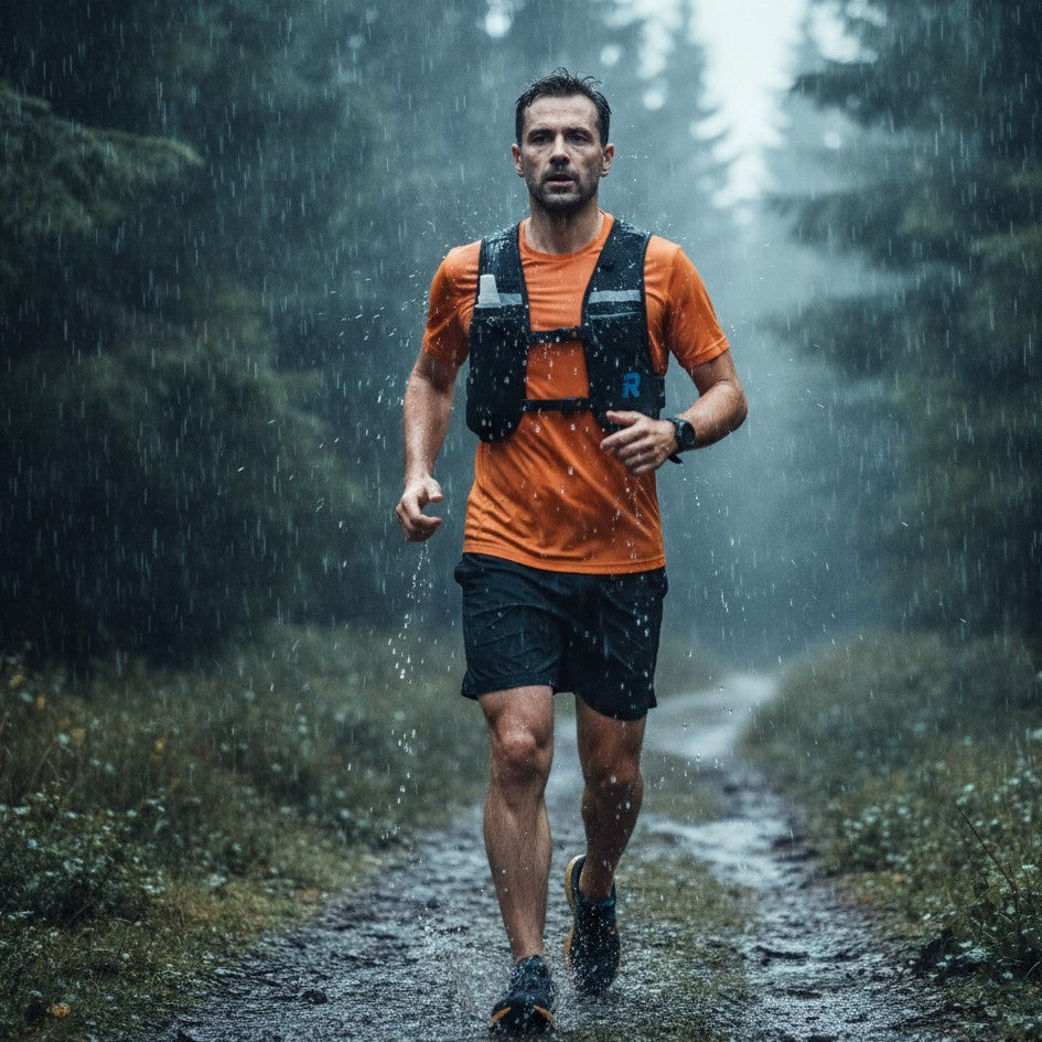 Man running on a forest path in the rain wearing a run with freedom challenger running hydration vest