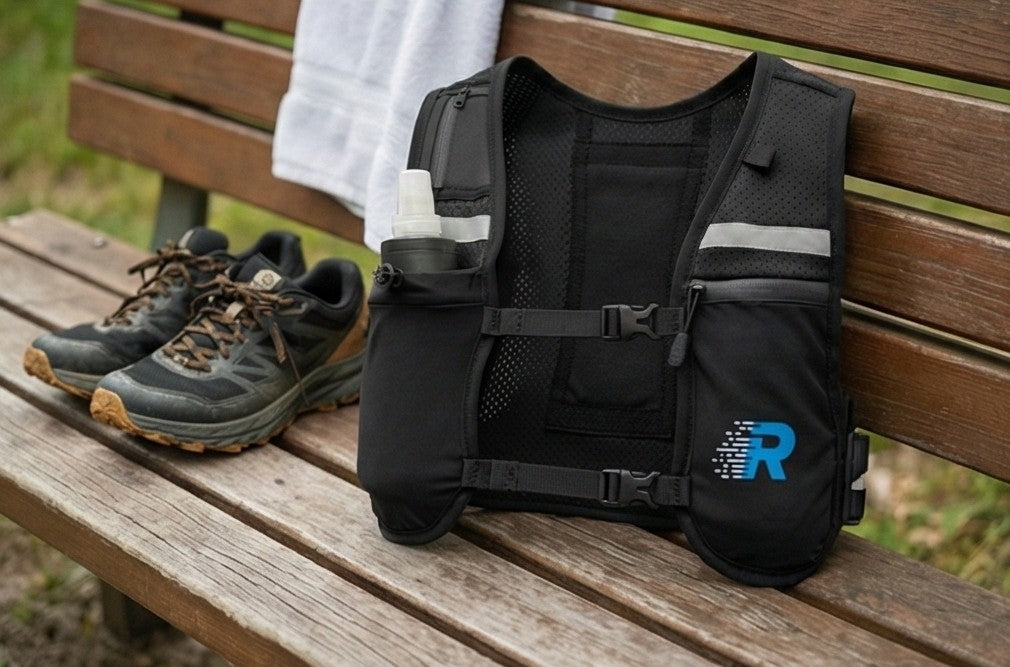 Run With Freedom® running vest with a logo on a wooden bench next to hiking boots and a towel.