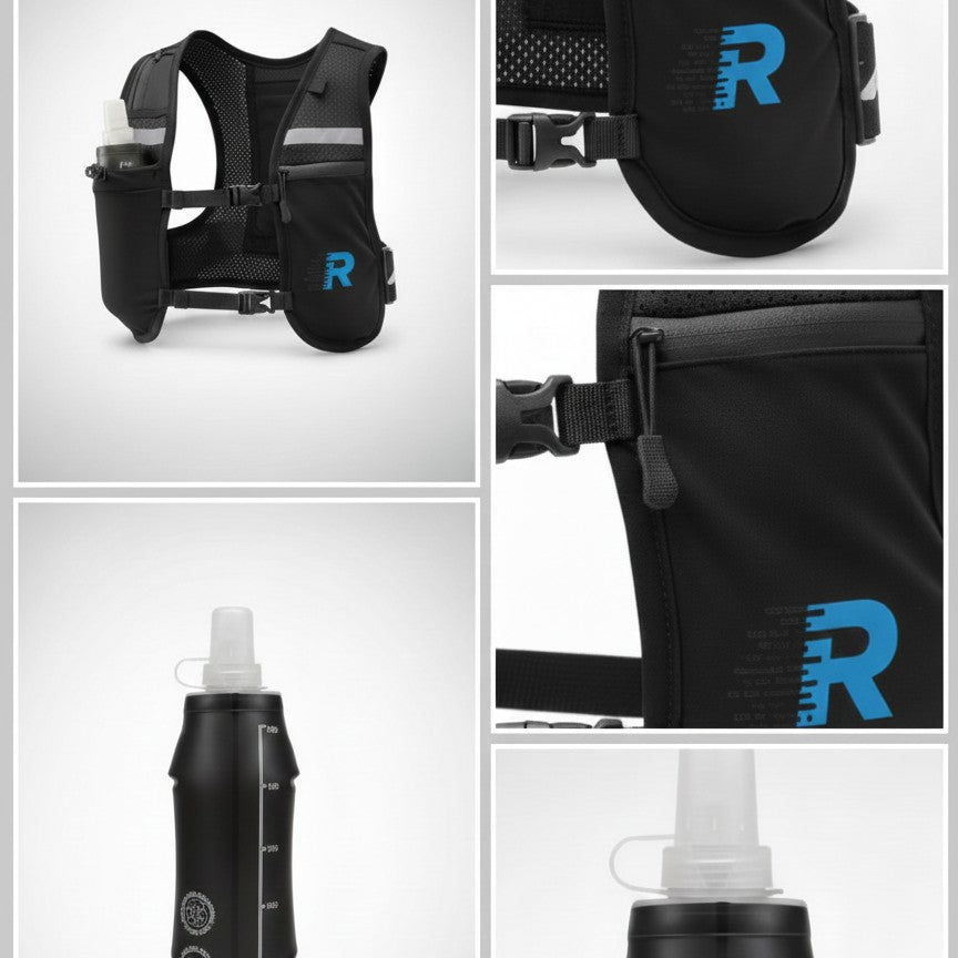 Black hydration vest with blue 'R' logo and water bottle on a white background from Run With Freedom