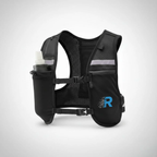 Black running vest with hydration pouch and reflective stripes on a white background