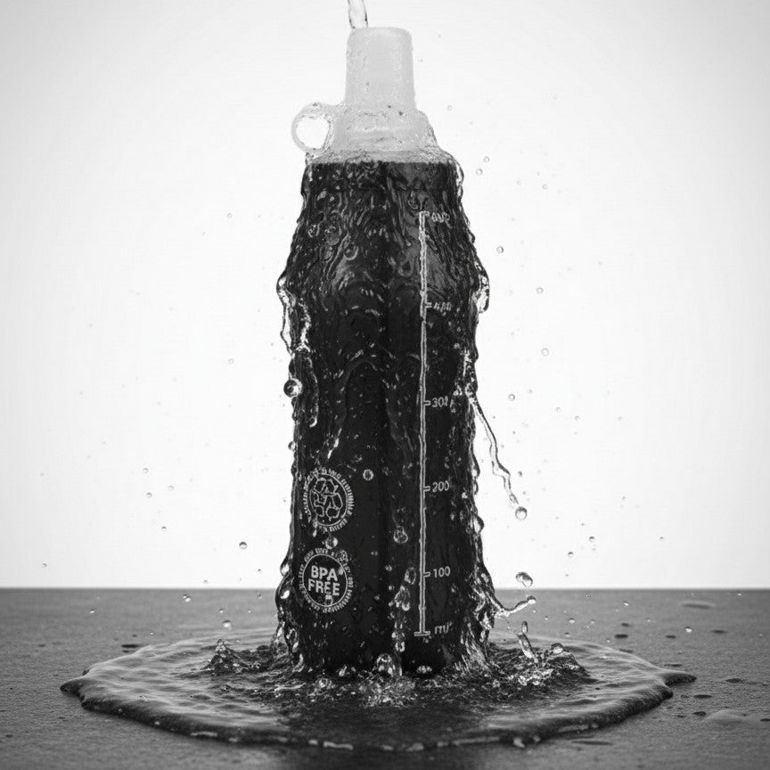 Black water bottle with measurement markings being submerged in water on a white background.