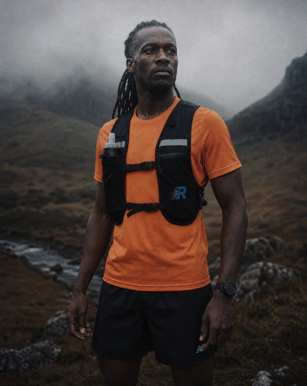 Man wearing an orange shirt and black wearing a Run With Freedom Challenger Vest with a logo, standing in a mountainous landscape.