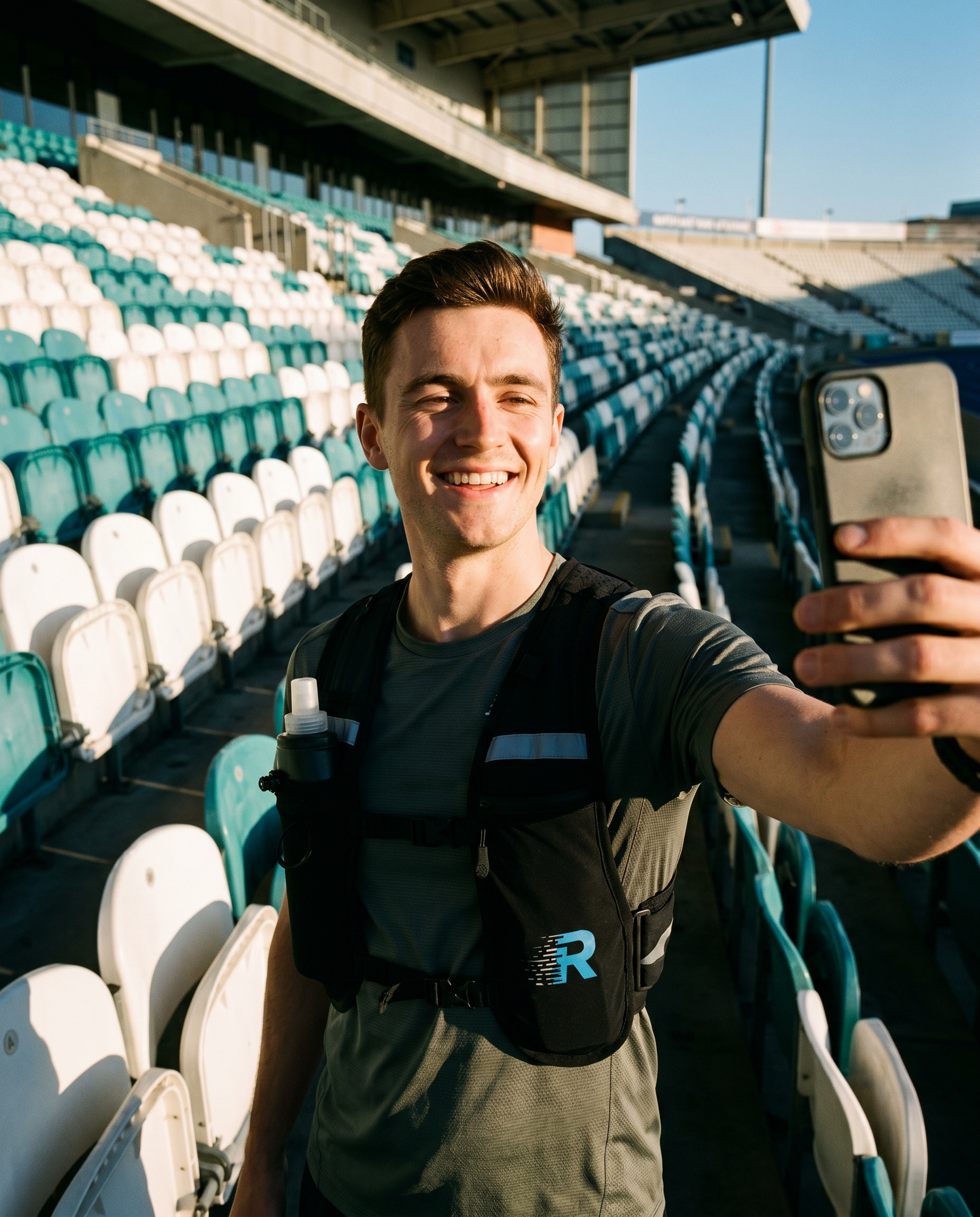 Person taking a selfie in an empty stadium wearing a Run With Freedom Challenger Vest 