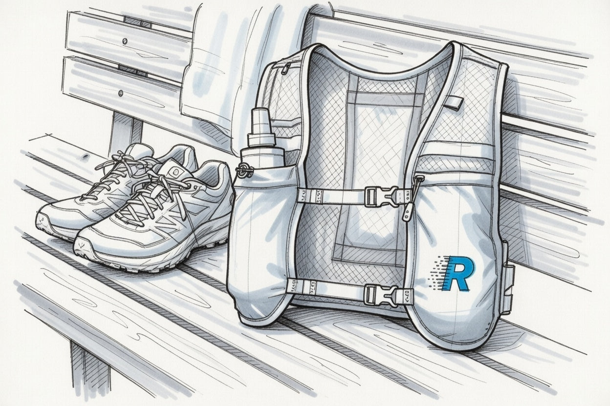running shoes and hydration vest with 'R' logo on a wooden bench concept sketch