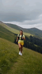 Woman running in the scottish highlands - wearing the run with freedom challenger running vest with hydration flask