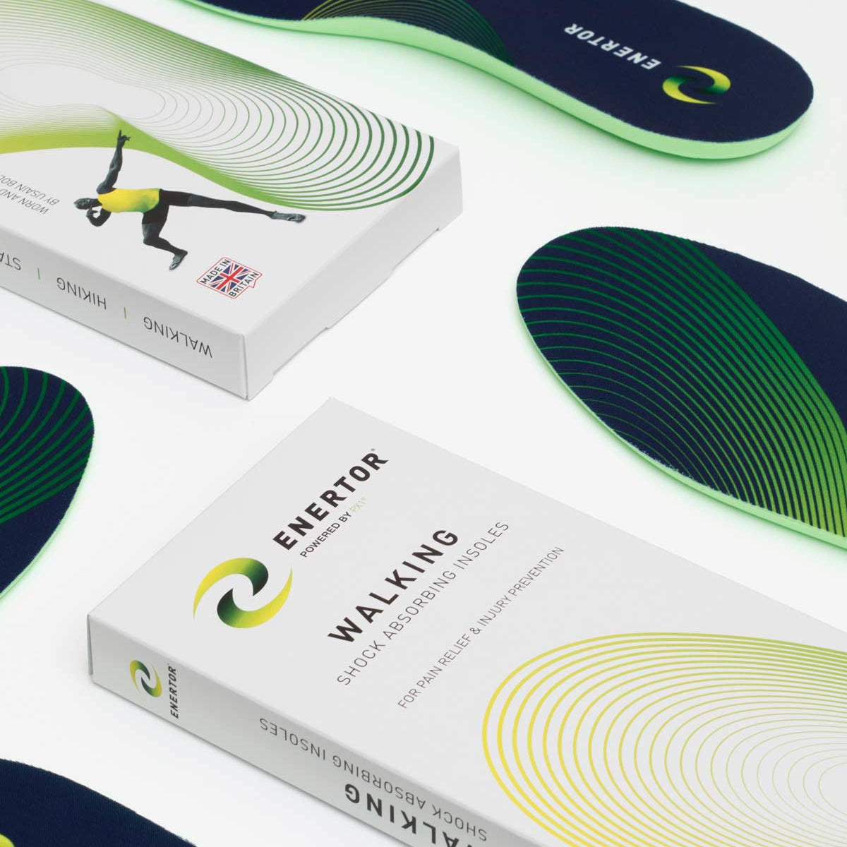 Enertor walking insoles and packaging on a white background