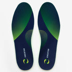 Pair of blue and green shoe insoles with 'Enerigor' branding on a white background
