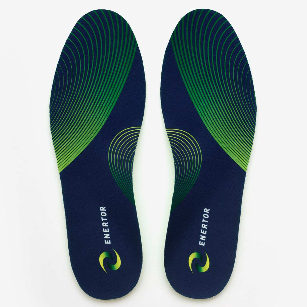 Pair of blue and green shoe insoles with 'Enerigor' branding on a white background